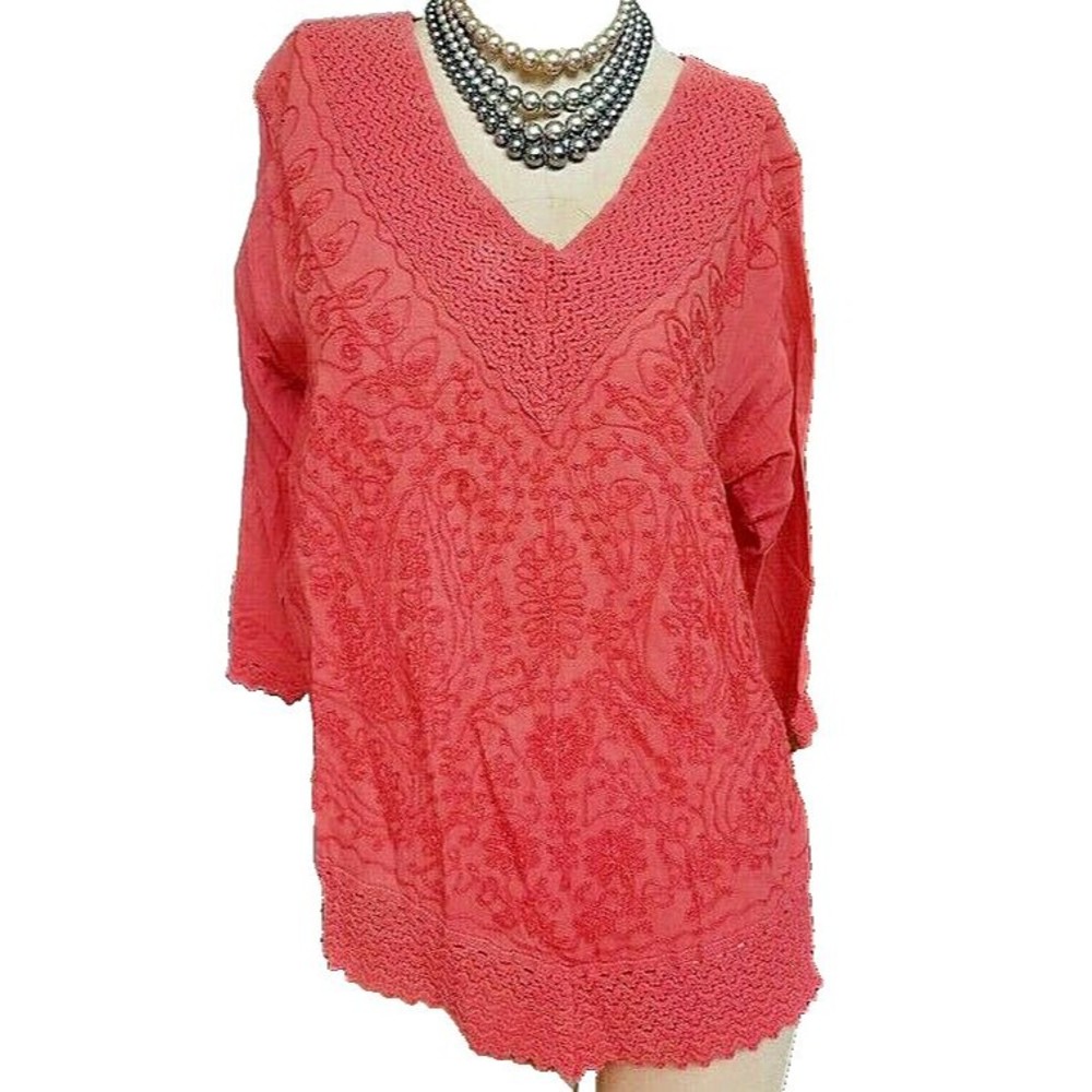 Banana Jeans Embroidered Crochet Hippie Boho Cotton Blouse Coral Size L